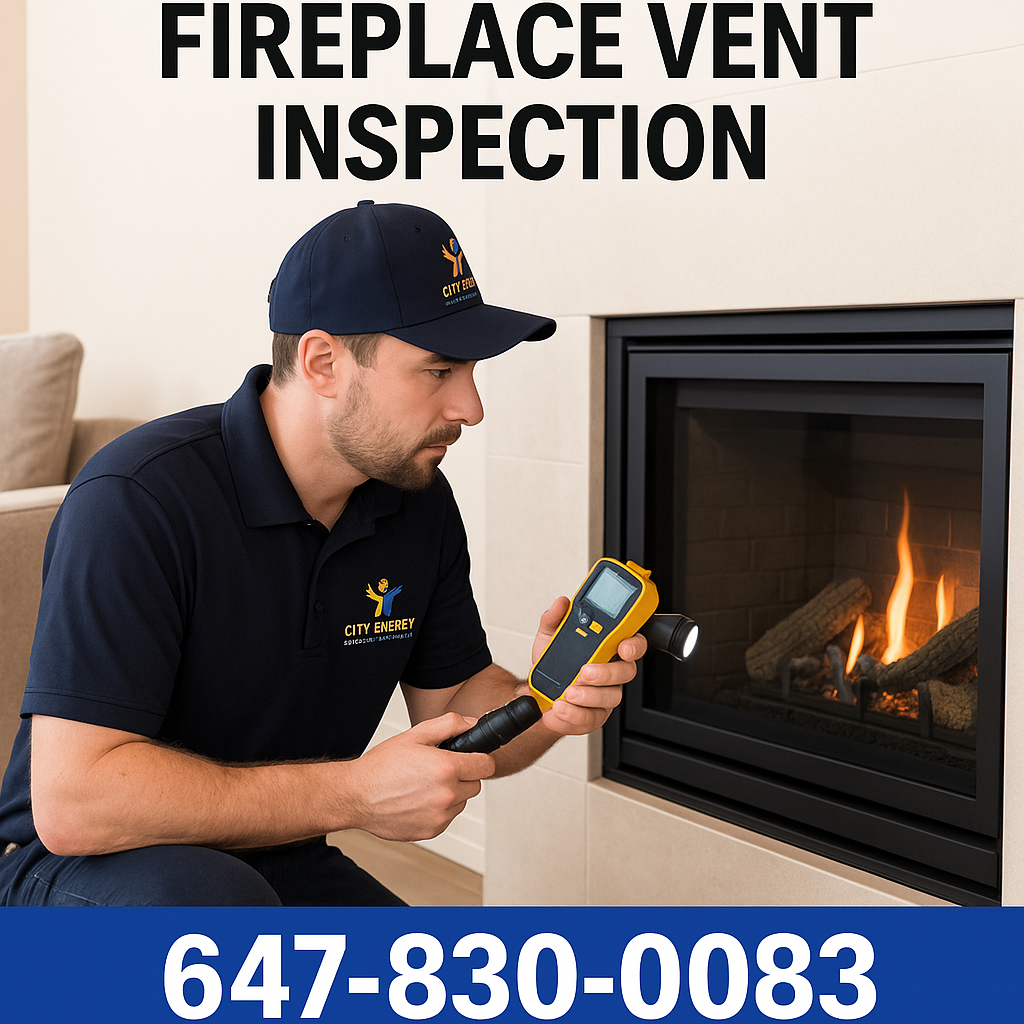Alt text: “Certified fireplace technician inspecting chimney vent in North York home”